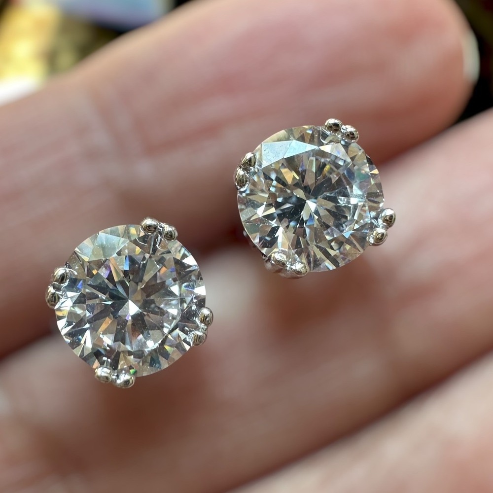 VTG Stud Post Earrings 8mm Clear Round CZ Gems 925 Sterling 2.6g Sparkle Glam